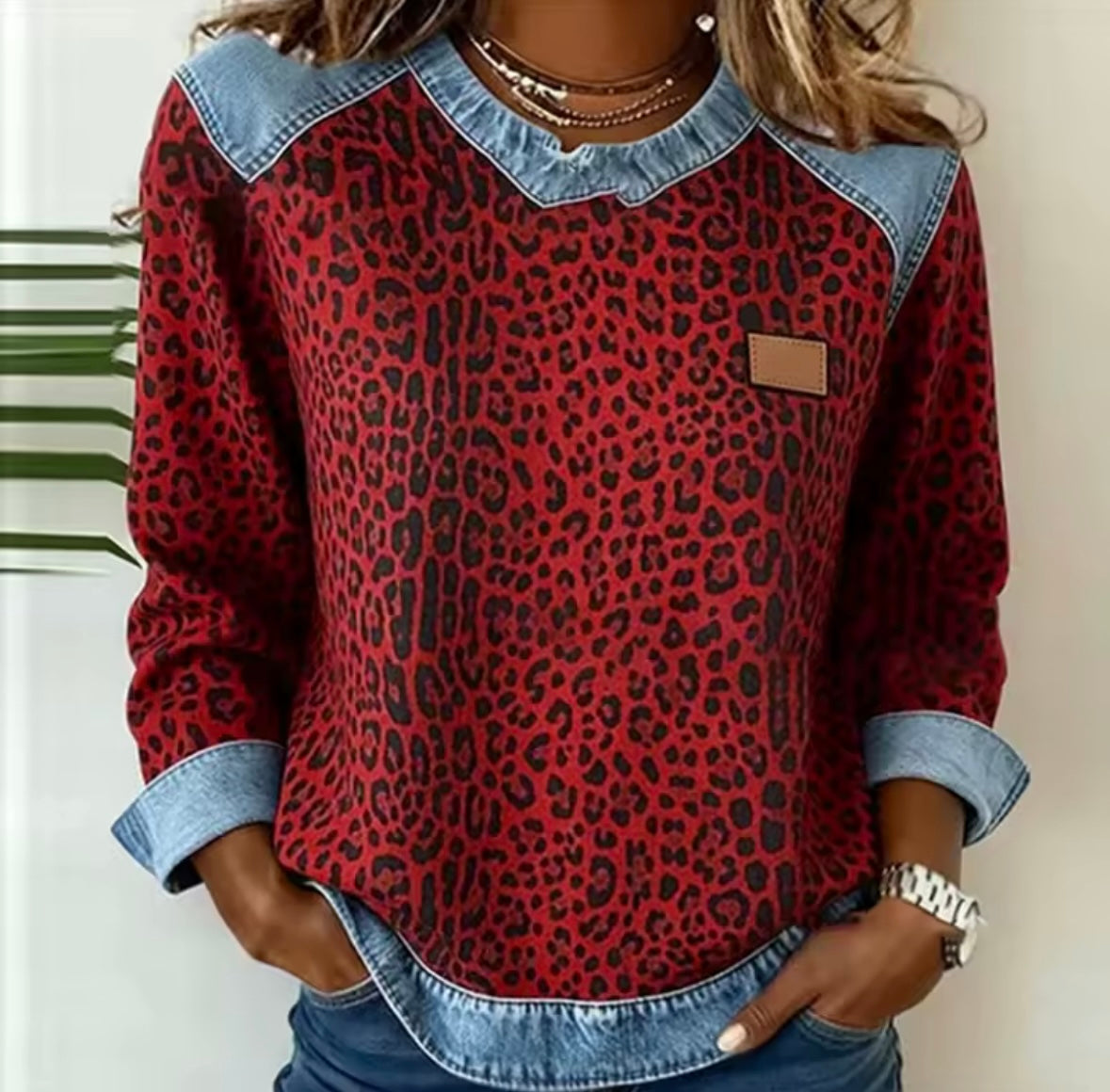 Leopard Sweatshirt with Denim Effect for Women Marie