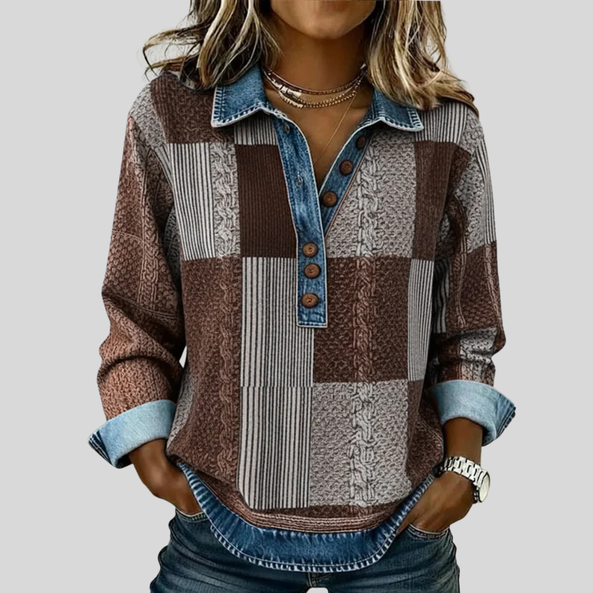 Women's Denim Effect Patchwork Jumper Sylvie