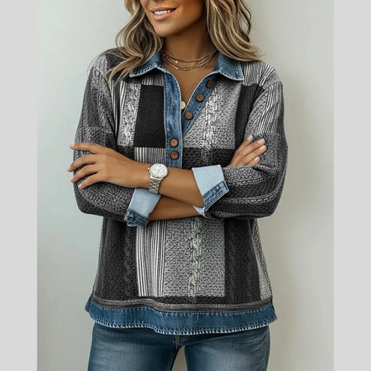 Women's Denim Effect Patchwork Jumper Sylvie