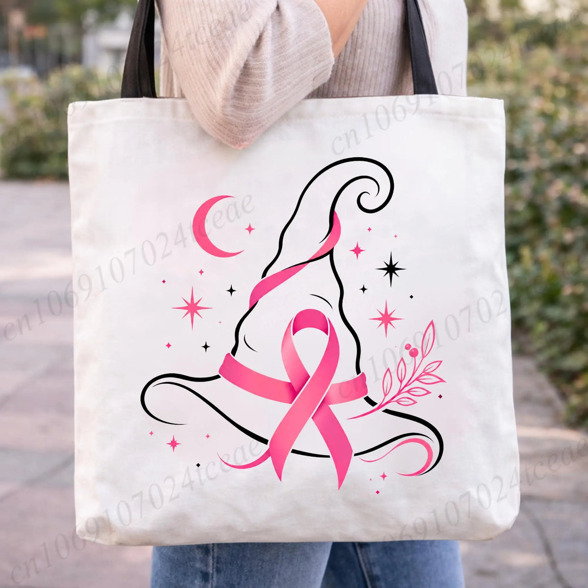 Pink Ribbon Witch Hat Canvas Tote Bag | Together Against Breast Cancer