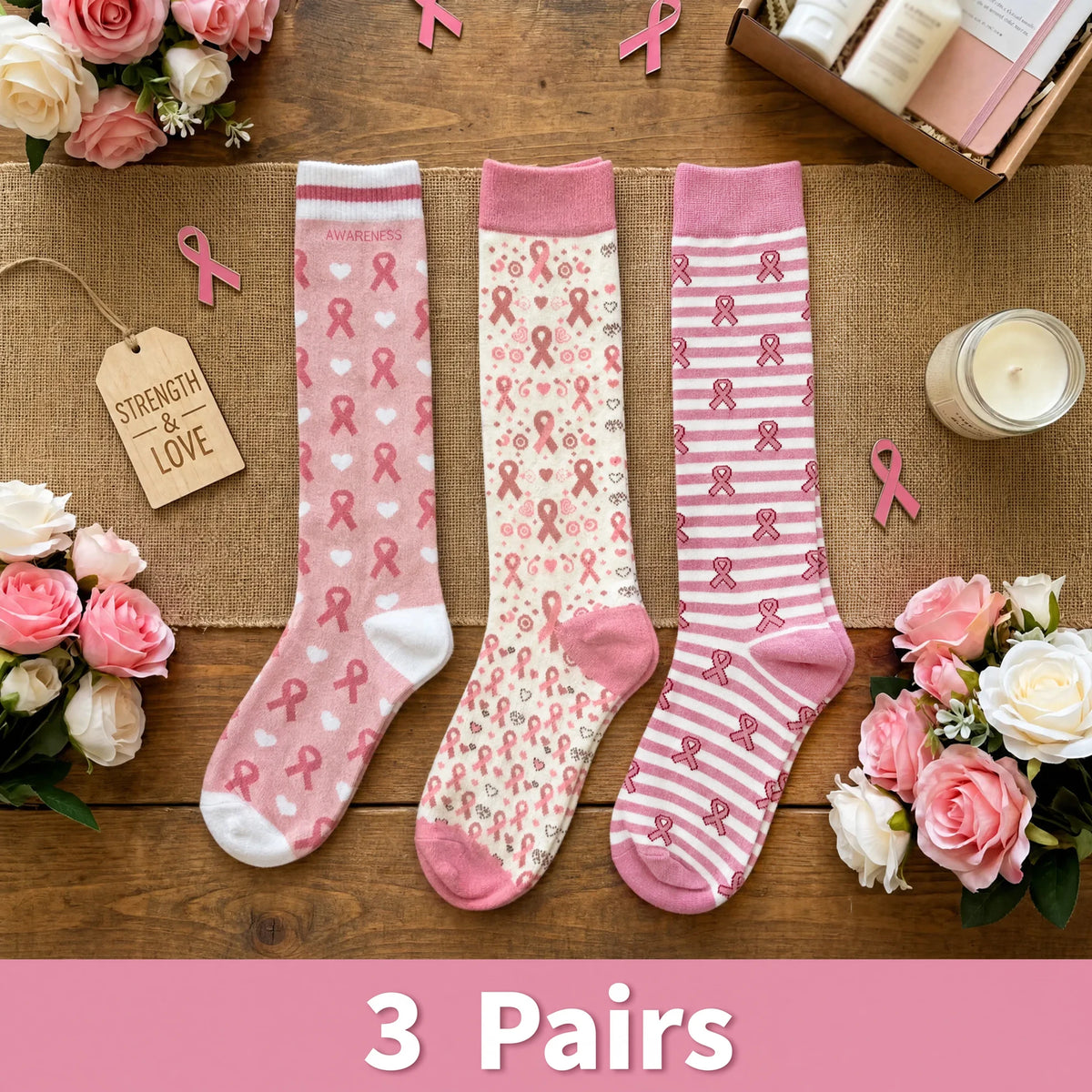 Pink Ribbon Calf Socks (3 Pairs) | Together Against Breast Cancer