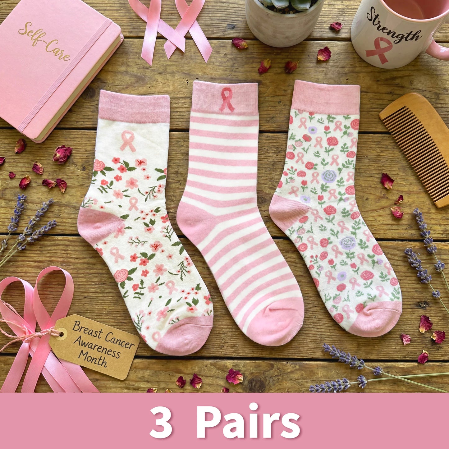 Pink Ribbon Socks (3 Pairs) | Together Against Breast Cancer