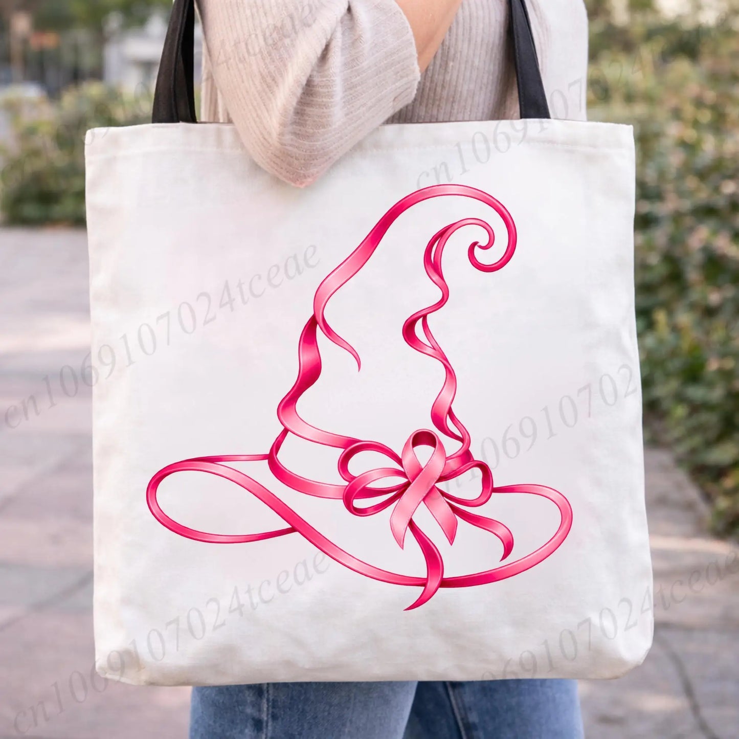 Pink Ribbon Witch Hat Canvas Tote Bag | Together Against Breast Cancer